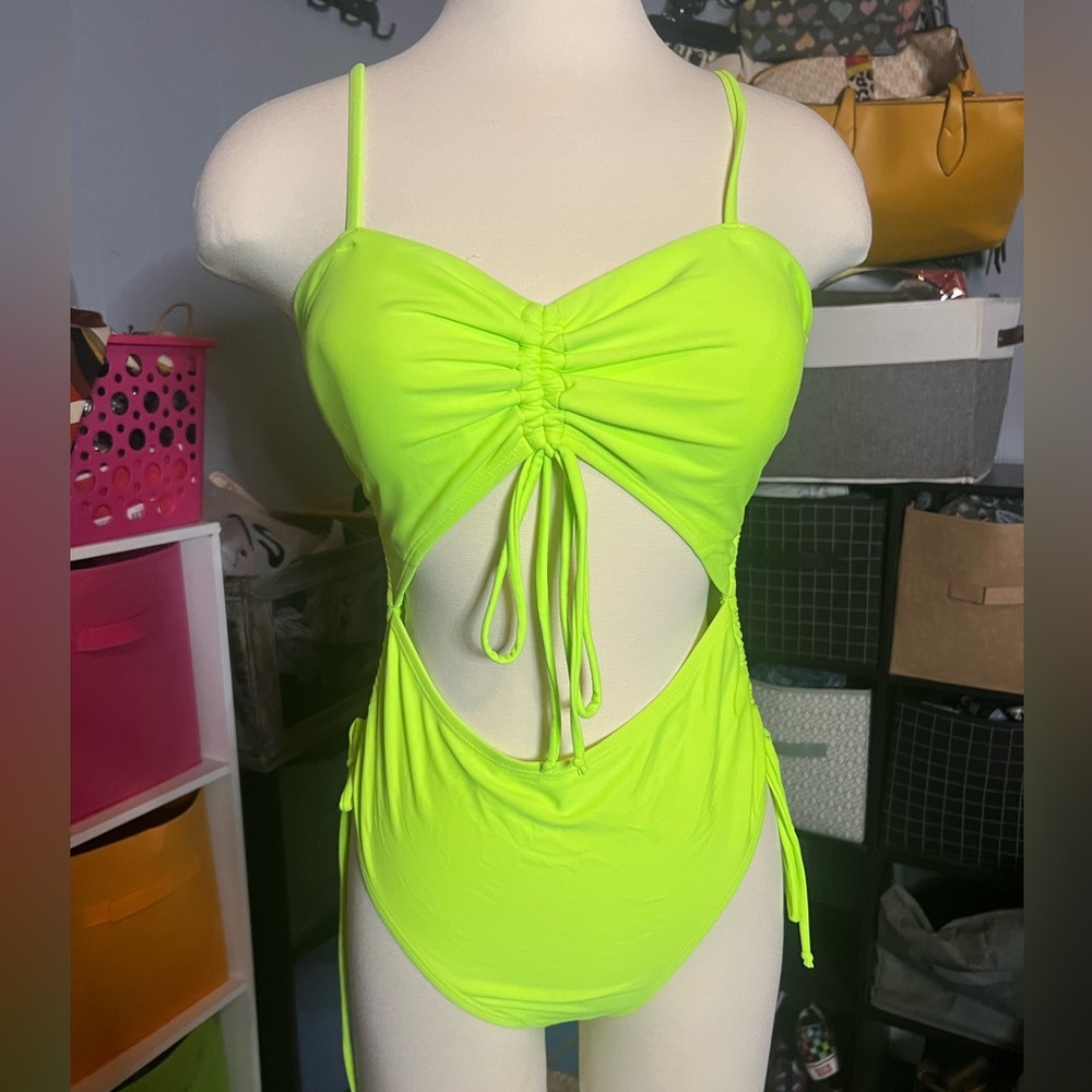 Green One Piece Swimsuit with Cutout and Adjustable Straps